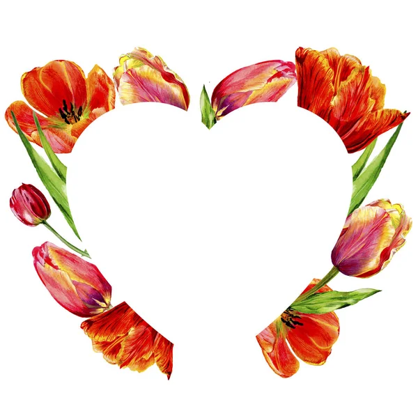Erstaunliche rote Tulpenblüten mit grünen Blättern. handgezeichnete botanische Blumen. Aquarell-Hintergrundillustration. Rahmen Rand Ornament Herz. — Stockfoto