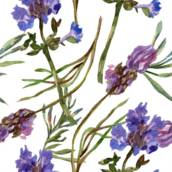 Purple lavender flowers. Seamless background pattern. Fabric wallpaper print texture. Hand drawn watercolor background illustration. — Stock Photo