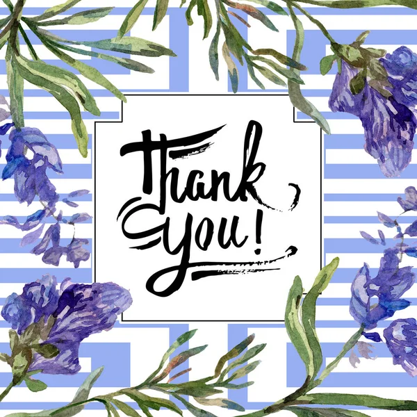 Violette Lavendelblüten. Danke für die handschriftliche Monogramm-Kalligraphie. schöne Frühlingswildblumen. Aquarell-Hintergrundillustration. Rahmenrandquadrat. — Stockfoto