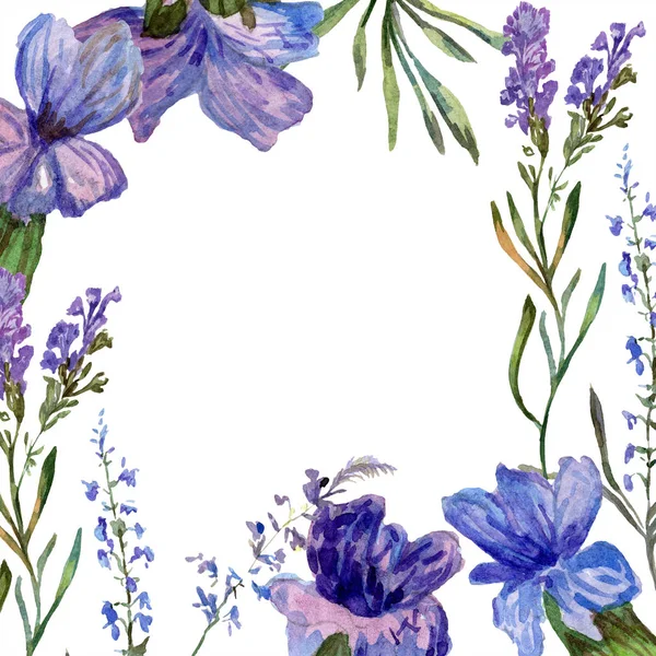 Purple lavender flowers. Wild spring flowers. Watercolor background illustration. Frame border square. — Stock Photo