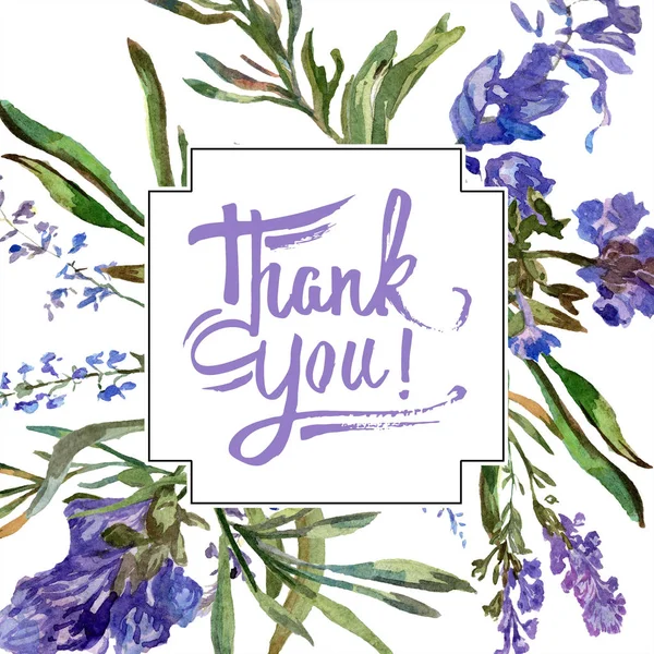 Fiori viola di lavanda. Grazie calligrafia monogramma calligrafia. Bellissimi fiori di campo primaverili. Illustrazione acquerello sfondo. Quadrato bordo cornice . — Foto stock