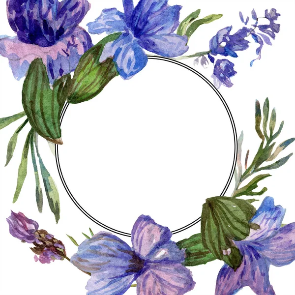 Purple lavender flowers. Wild spring flowers with green leaves. Watercolor background illustration. Round frame border. — Stock Photo