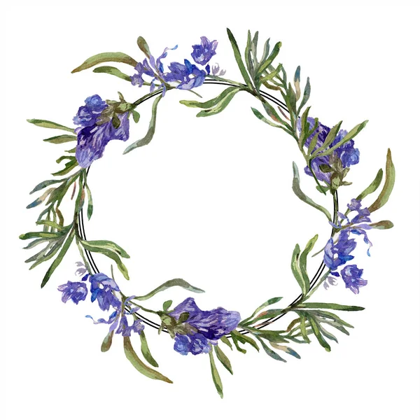 Purple lavender flowers. Spring wildflowers. Watercolor background illustration. Wreath frame border. — Stock Photo