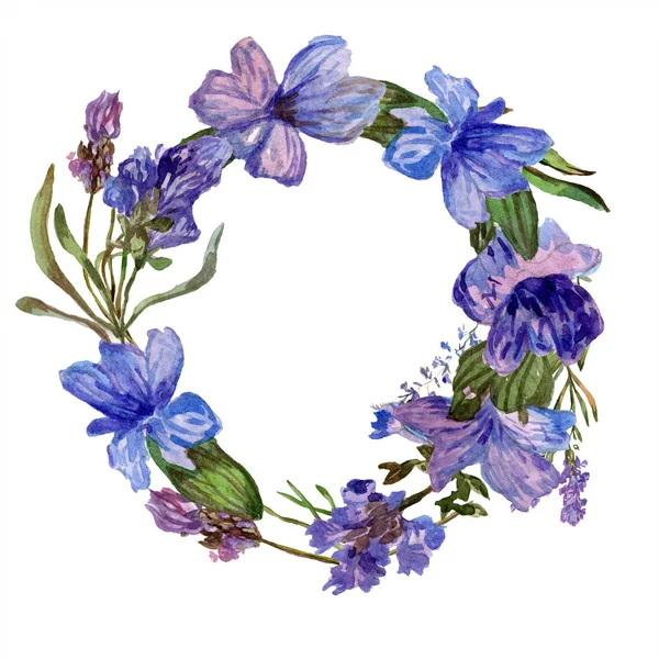 Purple lavender flowers. Spring wildflowers. Watercolor background illustration. Wreath frame border. — Stock Photo