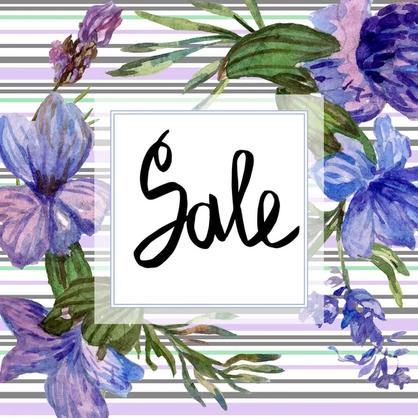 Purple lavender flowers. Sale handwriting monogram calligraphy. Wild spring leaves. Watercolor background illustration. Frame border square. — Stock Photo