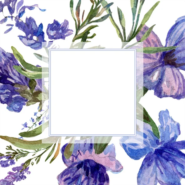 Purple lavender flowers. Wild spring flowers. Watercolor background illustration. Frame border square. — Stock Photo