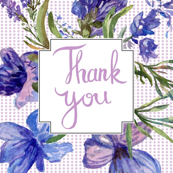 Purple lavender flowers. Thank you handwriting monogram calligraphy. Beautiful spring wildflowers. Watercolor background illustration. Frame border square. — Stock Photo