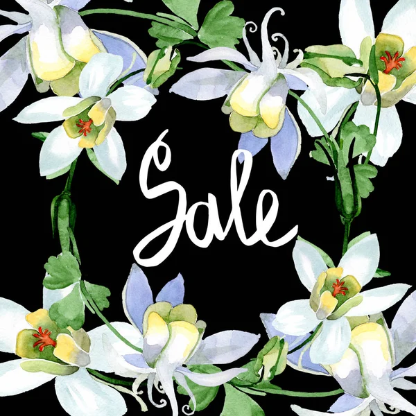 Weiße Aquilegienblüten. Verkauf Handschrift Monogramm Kalligraphie. Aquarell-Hintergrundillustration. schöne Aquilegia Blumen Zeichnung im Aquarell-Stil. — Stockfoto