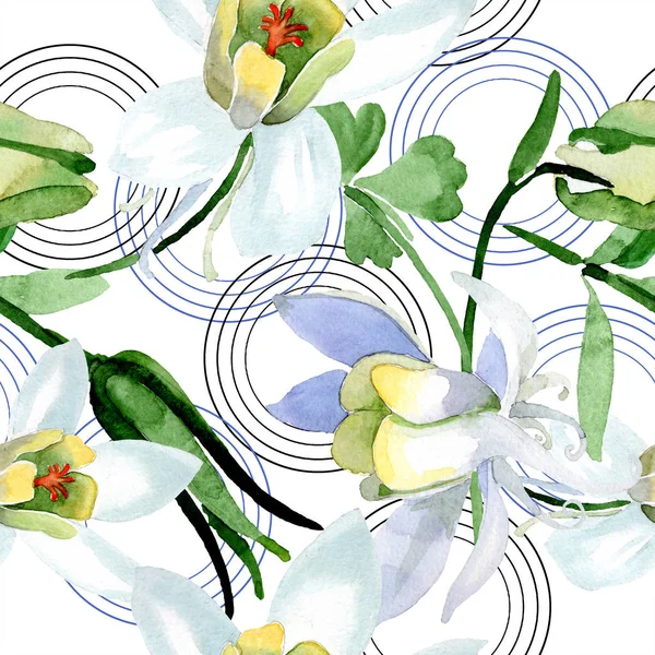 White aquilegia flowers. Beautiful spring wildflowers. Seamless background pattern. Fabric wallpaper print texture. Watercolor background illustration. — Stock Photo