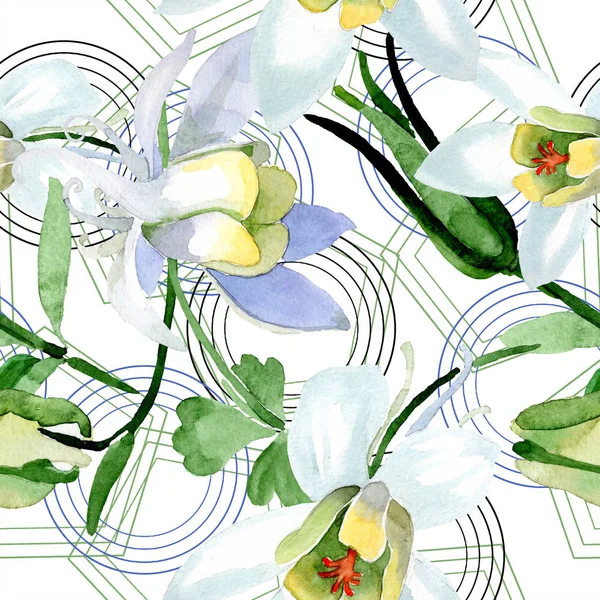 Flores de aquilegia blanca. Hermosas flores silvestres de primavera. Patrón de fondo sin costuras. Textura de impresión de papel tapiz de tela. Ilustración fondo acuarela . - foto de stock