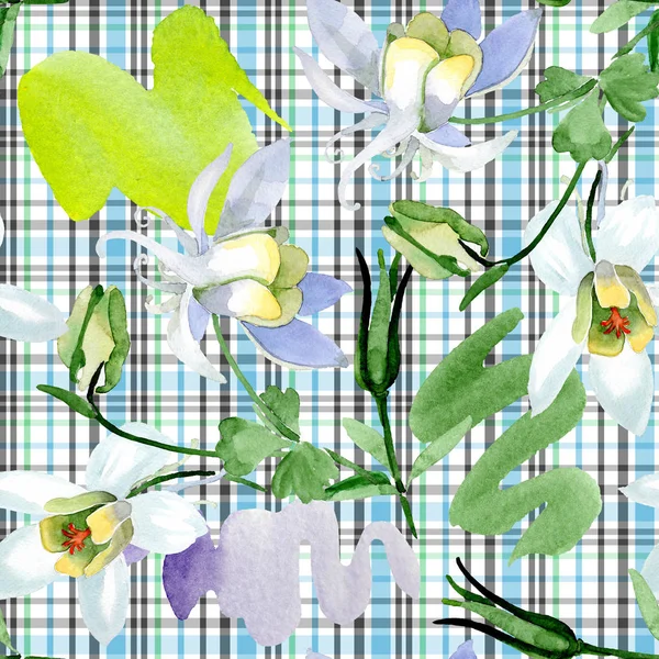 White aquilegia flowers. Beautiful spring wildflowers. Seamless background pattern. Fabric wallpaper print texture. Watercolor background illustration. — Stock Photo