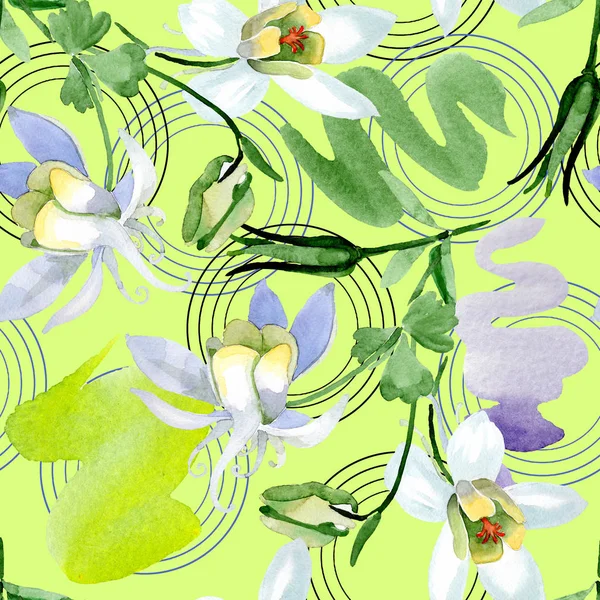 White aquilegia flowers. Beautiful spring wildflowers. Seamless background pattern. Fabric wallpaper print texture. Watercolor background illustration. — Stock Photo