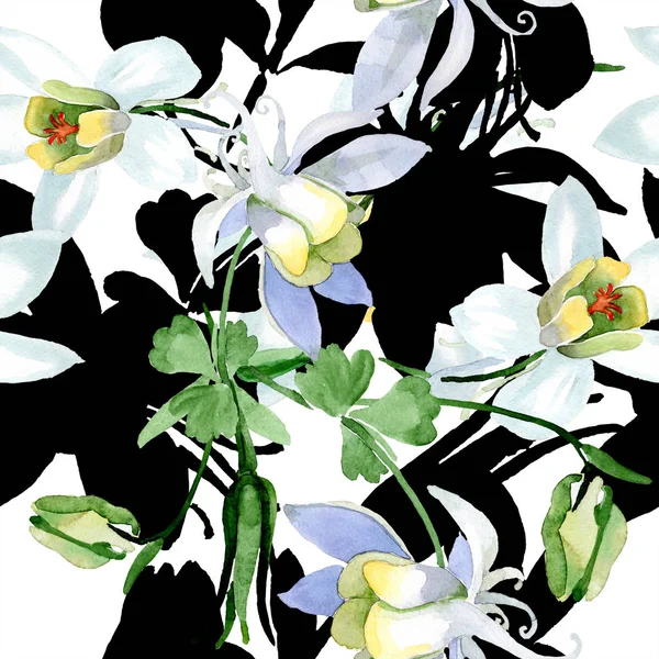 White aquilegia flowers. Beautiful spring wildflowers. Seamless background pattern. Fabric wallpaper print texture. Watercolor background illustration. — Stock Photo