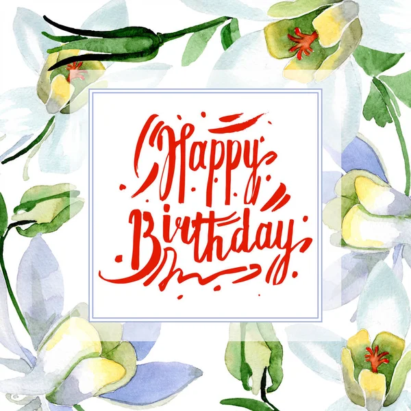 White aquilegia flowers. Happy Birthday handwriting monogram calligraphy. Frame border ornament square. Watercolor background illustration. — Stock Photo