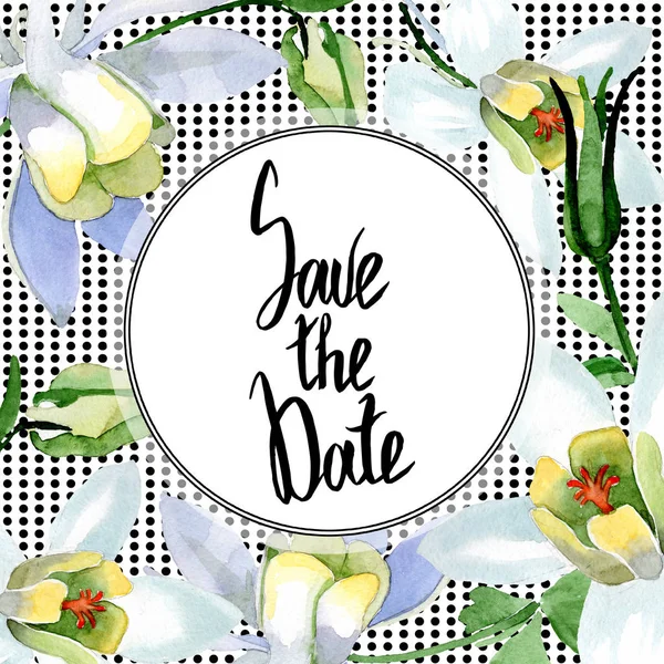 White aquilegia flowers. Save the date handwriting monogram calligraphy. Watercolor background. Beautiful aquilegia flowers drawing in aquarelle style. — Stock Photo
