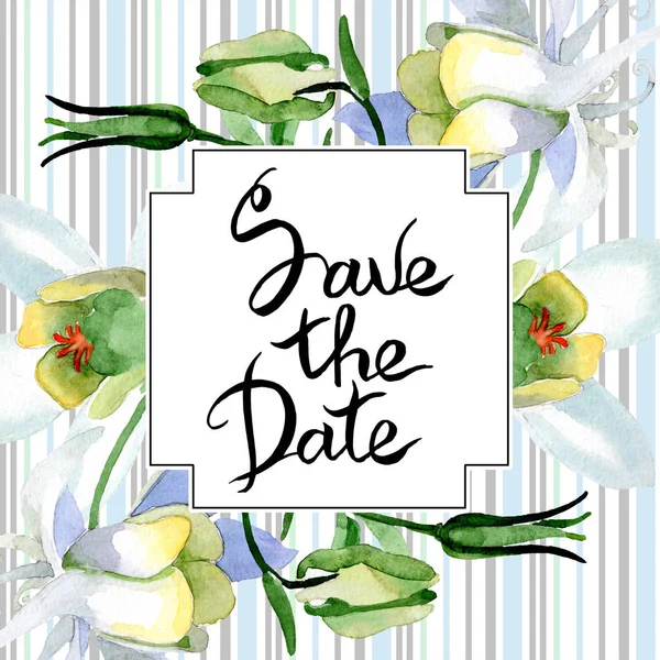 White aquilegia flowers. Save the date handwriting monogram calligraphy. Frame square. Watercolor background illustration. — Stock Photo