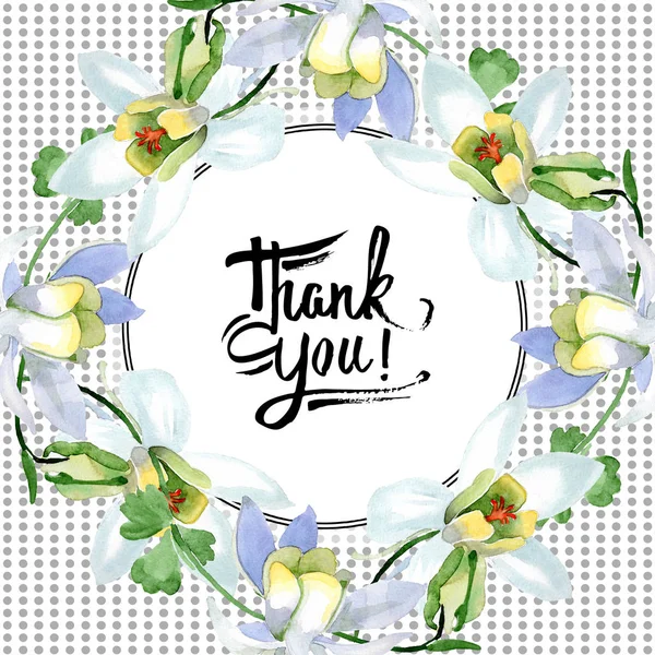 White aquilegia flowers. Thank you handwriting monogram calligraphy. Frame border ornament round. Watercolor background illustration. — Stock Photo