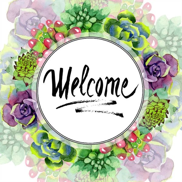 Amazing succulents. Welcome handwriting monogram calligraphy. Watercolor background illustration. Frame border ornament round. Aquarelle hand drawing succulent plants. — Stock Photo