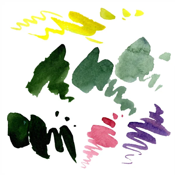Aquarelle astratte verdi, gialle e viola schizzi per sfondo, consistenza. Acquerello sfondo illustrazione set. Aquarelle mano disegno macchie isolate . — Foto stock