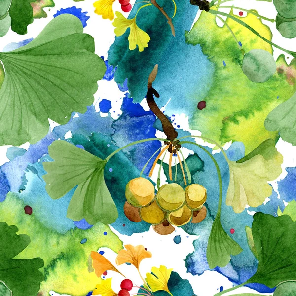 Hermoso ginkgo biloba verde con hojas aisladas en blanco. Ilustración de fondo acuarela. Patrón de fondo sin costuras. Textura de impresión de papel pintado de tela . - foto de stock