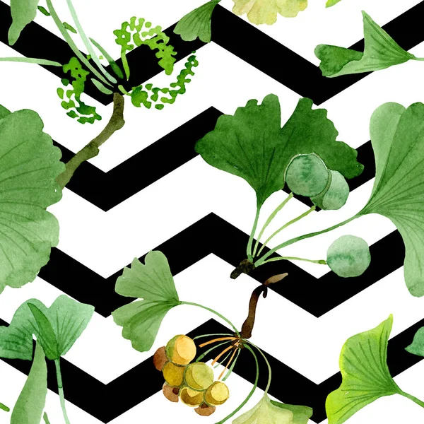 Schöne grüne Ginkgo biloba mit Blättern isoliert auf weiß. Aquarell-Hintergrundillustration. nahtlose Hintergrundmuster. Stoff Tapete drucken Textur. — Stockfoto