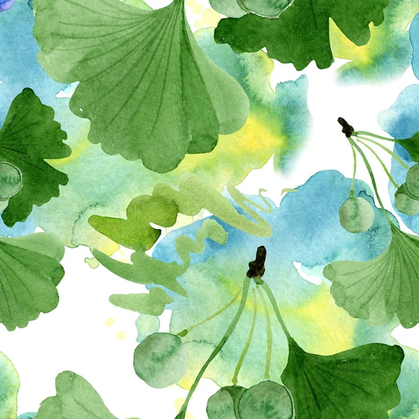 Beautiful green ginkgo biloba with leaves isolated on white. Watercolor background illustration. Seamless background pattern. Fabric wallpaper print texture. — Stock Photo