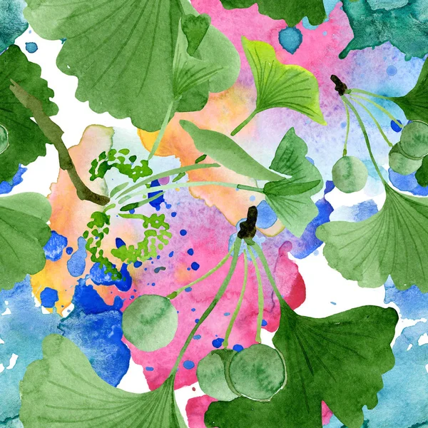 Schöne grüne Ginkgo biloba mit Blättern isoliert auf weiß. Aquarell-Hintergrundillustration. nahtlose Hintergrundmuster. Stoff Tapete drucken Textur. — Stockfoto