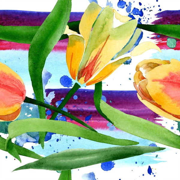 Schöne gelbe Tulpen mit grünen Blättern isoliert auf weiß. Aquarell-Hintergrundillustration. nahtlose Hintergrundmuster. Stoff Tapete drucken Textur. — Stockfoto