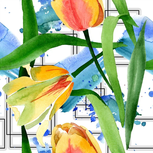 Belles tulipes jaunes aux feuilles vertes isolées sur blanc. Illustration de fond aquarelle. Modèle de fond sans couture. Texture d'impression papier peint tissu . — Stock Photo