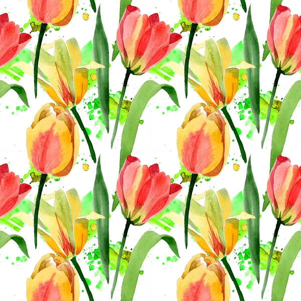 Beautiful yellow tulips with green leaves isolated on white. Watercolor background illustration. Seamless background pattern. Fabric wallpaper print texture. — Stock Photo