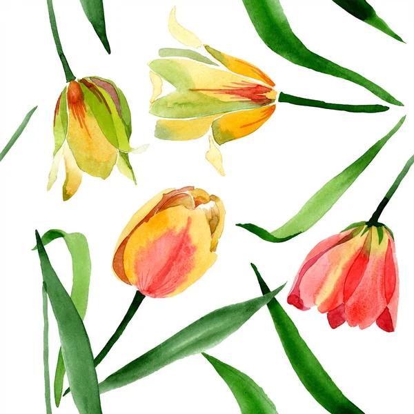 Schöne gelbe Tulpen mit grünen Blättern isoliert auf weiß. Aquarell-Hintergrundillustration. nahtlose Hintergrundmuster. Stoff Tapete drucken Textur. — Stockfoto