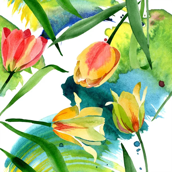 Schöne gelbe Tulpen mit grünen Blättern isoliert auf weiß. Aquarell-Hintergrundillustration. nahtlose Hintergrundmuster. Stoff Tapete drucken Textur. — Stockfoto