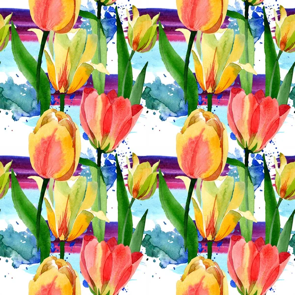 Hermosos tulipanes amarillos con hojas verdes aisladas en blanco. Ilustración de fondo acuarela. Patrón de fondo sin costuras. Textura de impresión de papel pintado de tela . - foto de stock