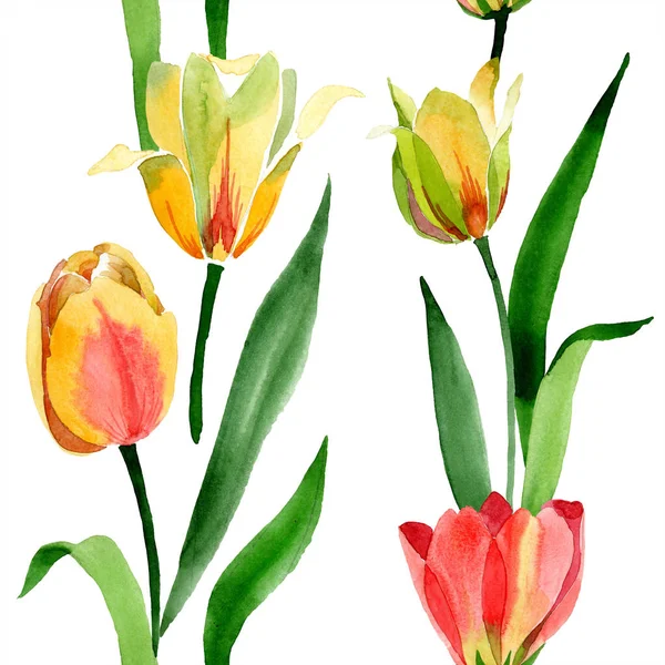 Hermosos tulipanes amarillos con hojas verdes aisladas en blanco. Ilustración de fondo acuarela. Patrón de fondo sin costuras. Textura de impresión de papel pintado de tela . - foto de stock