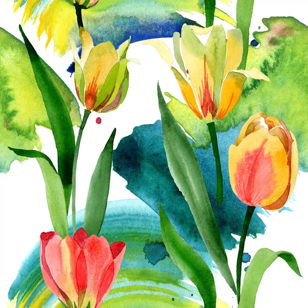 Schöne gelbe Tulpen mit grünen Blättern isoliert auf weiß. Aquarell-Hintergrundillustration. nahtlose Hintergrundmuster. Stoff Tapete drucken Textur. — Stockfoto