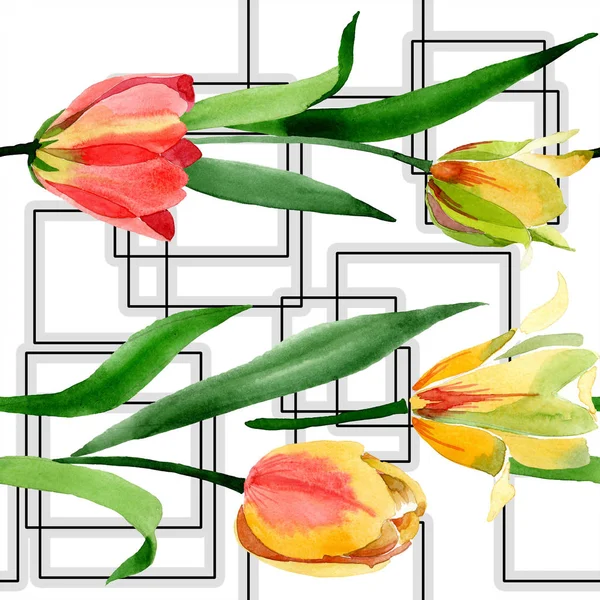 Schöne gelbe Tulpen mit grünen Blättern isoliert auf weiß. Aquarell-Hintergrundillustration. nahtlose Hintergrundmuster. Stoff Tapete drucken Textur. — Stockfoto