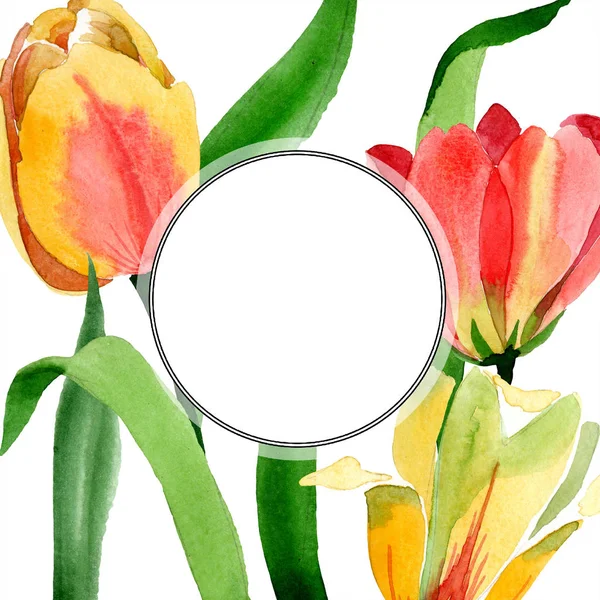 Schöne gelbe Tulpen mit grünen Blättern isoliert auf weiß. Aquarell-Hintergrundillustration. Aquarell zeichnen Mode-Aquarell. Rahmen Bordüre Ornament. — Stockfoto