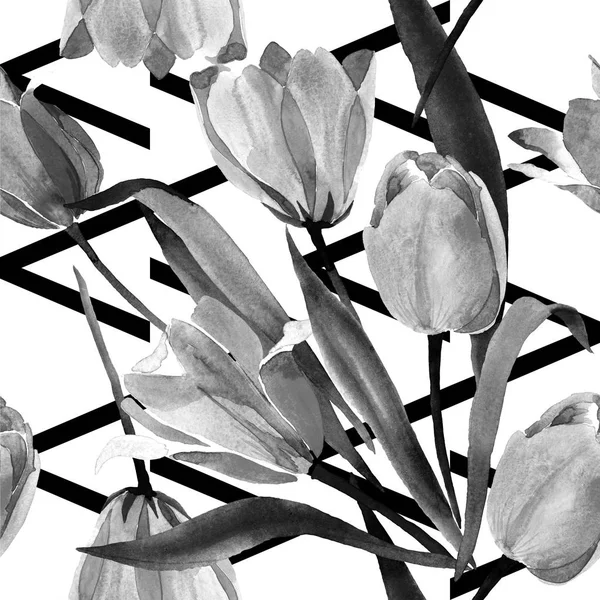 Красивые тюльпаны с листьями, изолированными на белом. Акварельная фоновая иллюстрация. Акварель для рисования акварелью. Граничный орнамент . — стоковое фото