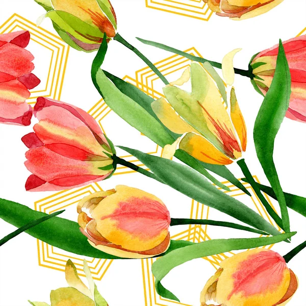 Hermosos tulipanes amarillos con hojas verdes aisladas en blanco. Ilustración de fondo acuarela. Acuarela dibujo moda aquarelle. Marco ornamento frontera . - foto de stock