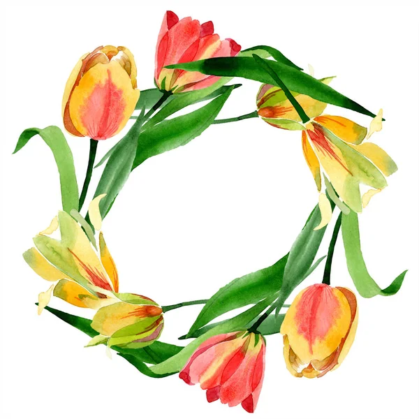 Bellissimi tulipani gialli con foglie verdi isolate su bianco. Illustrazione acquerello sfondo. Acquerello disegno moda acquerello. Ornamento bordo cornice . — Foto stock