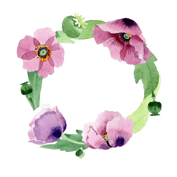 Schöne weinrote Mohnblüten isoliert auf weiß. Aquarell-Hintergrundillustration. Aquarell zeichnen Mode Aquarell isolierten Mohn. Rahmen Bordüre Ornament. — Stockfoto