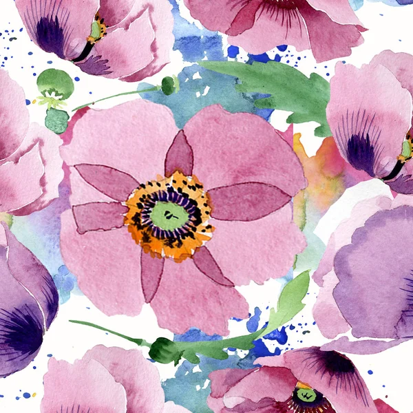 Beautiful burgundy poppy flowers. Watercolor background illustration. Seamless background pattern. Fabric wallpaper print texture. — Stock Photo