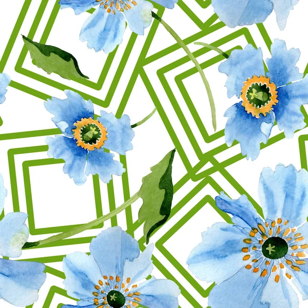 Beautiful blue poppy flowers with green leaves isolated on white. Watercolor background illustration. Watercolour aquarelle. Seamless background pattern. Fabric wallpaper print texture. — Stock Photo