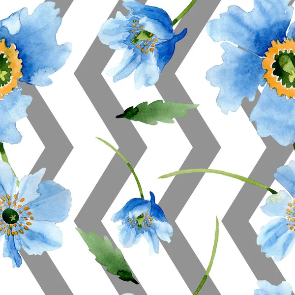Beautiful blue poppy flowers with green leaves isolated on white. Watercolor background illustration. Watercolour aquarelle. Seamless background pattern. Fabric wallpaper print texture. — Stock Photo