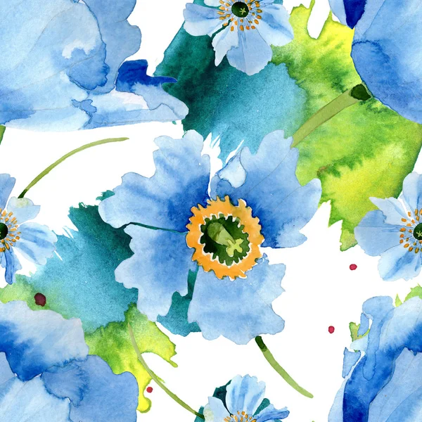 Beautiful blue poppy flowers with green leaves isolated on white. Watercolor background illustration. Watercolour aquarelle. Seamless background pattern. Fabric wallpaper print texture. — Stock Photo