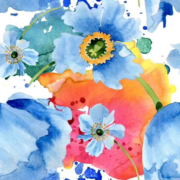 Belles fleurs de pavot bleu avec des feuilles vertes isolées sur blanc. Illustration de fond aquarelle. Aquarelle aquarelle. Modèle de fond sans couture. Texture d'impression papier peint tissu . — Photo de stock