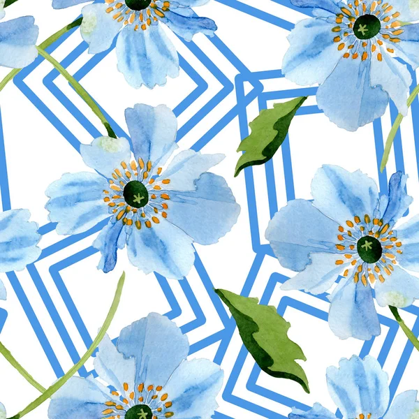 Beautiful blue poppy flowers with green leaves isolated on white. Watercolor background illustration. Watercolour aquarelle. Seamless background pattern. Fabric wallpaper print texture. — Stock Photo