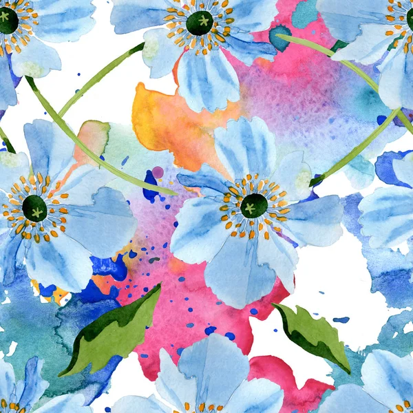 Lindas flores de papoula azul com folhas verdes isoladas em branco. ilustração fundo aquarela. Aquarelle aquarelle aquarela. Padrão de fundo sem costura. Tecido papel de parede impressão textura . — Fotografia de Stock