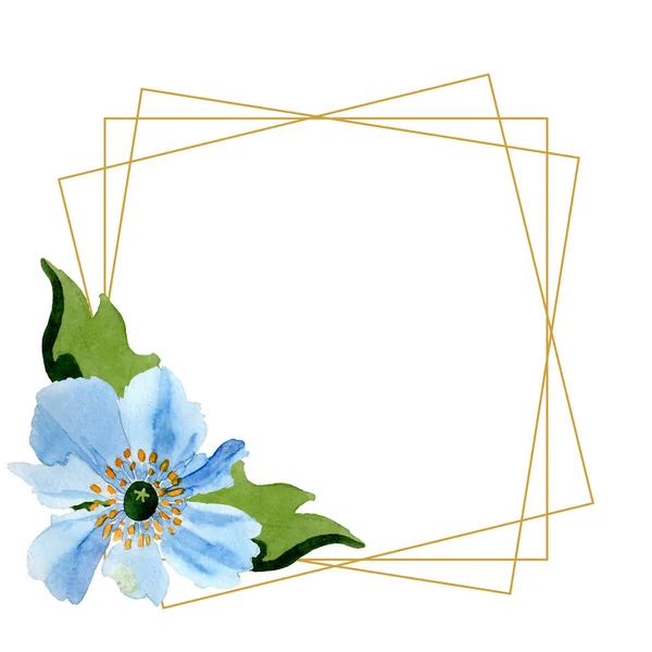 Bellissimi fiori di papavero blu con foglie verdi isolate su bianco. Illustrazione acquerello sfondo. Acquerello disegno moda acquerello. Cornice bordo ornamento di cristallo . — Foto stock