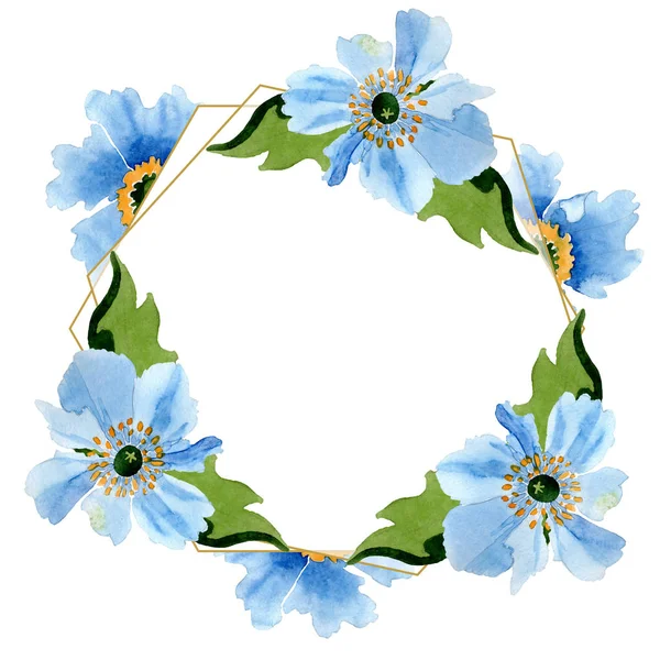 Hermosas amapolas azules con hojas verdes aisladas en blanco. Ilustración de fondo acuarela. Acuarela dibujo moda aquarelle. Marco borde ornamento fondo . - foto de stock